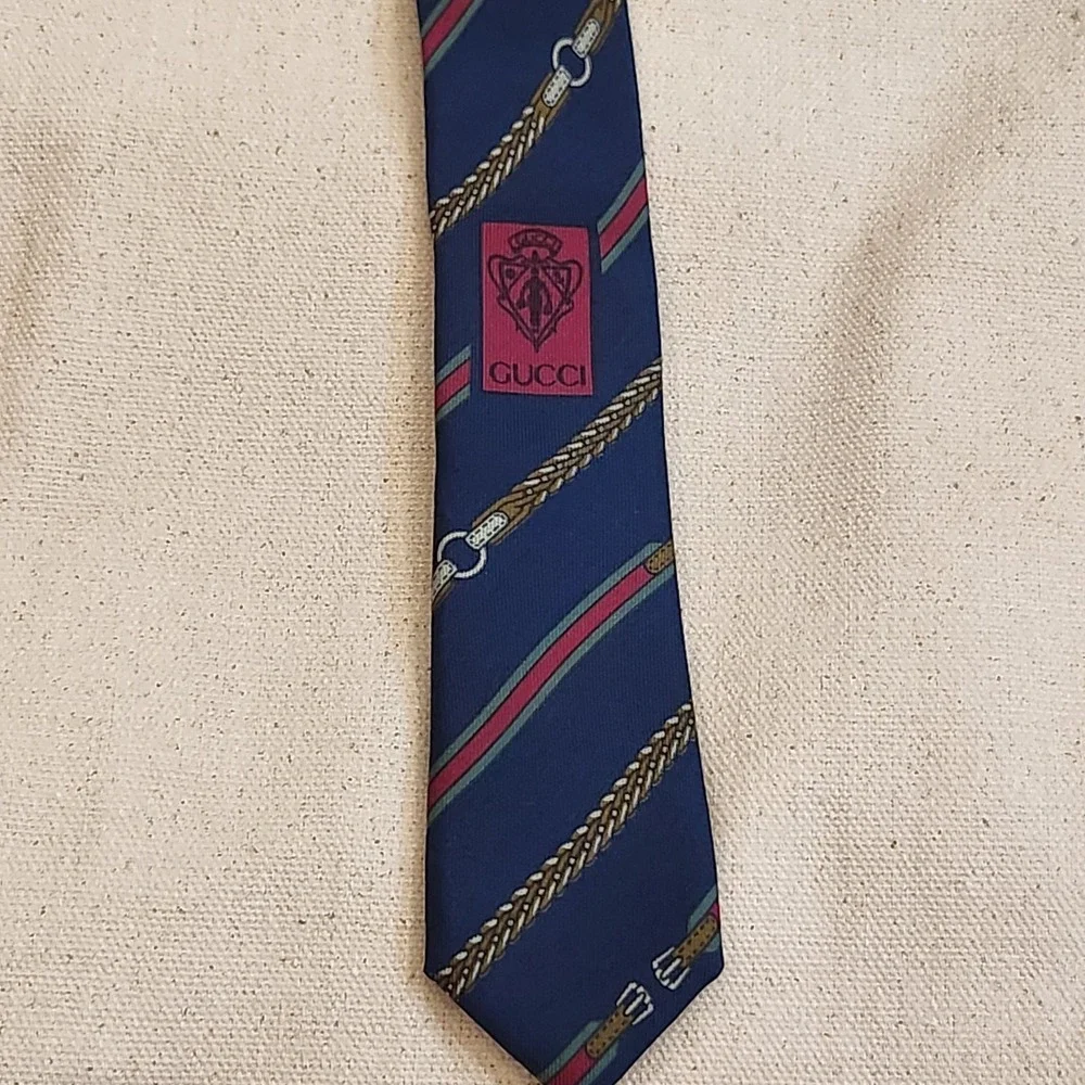 Vintage GUCCI Silk Necktie Navy Web Stripe Belt Rope Equestrian Tie Horsebit